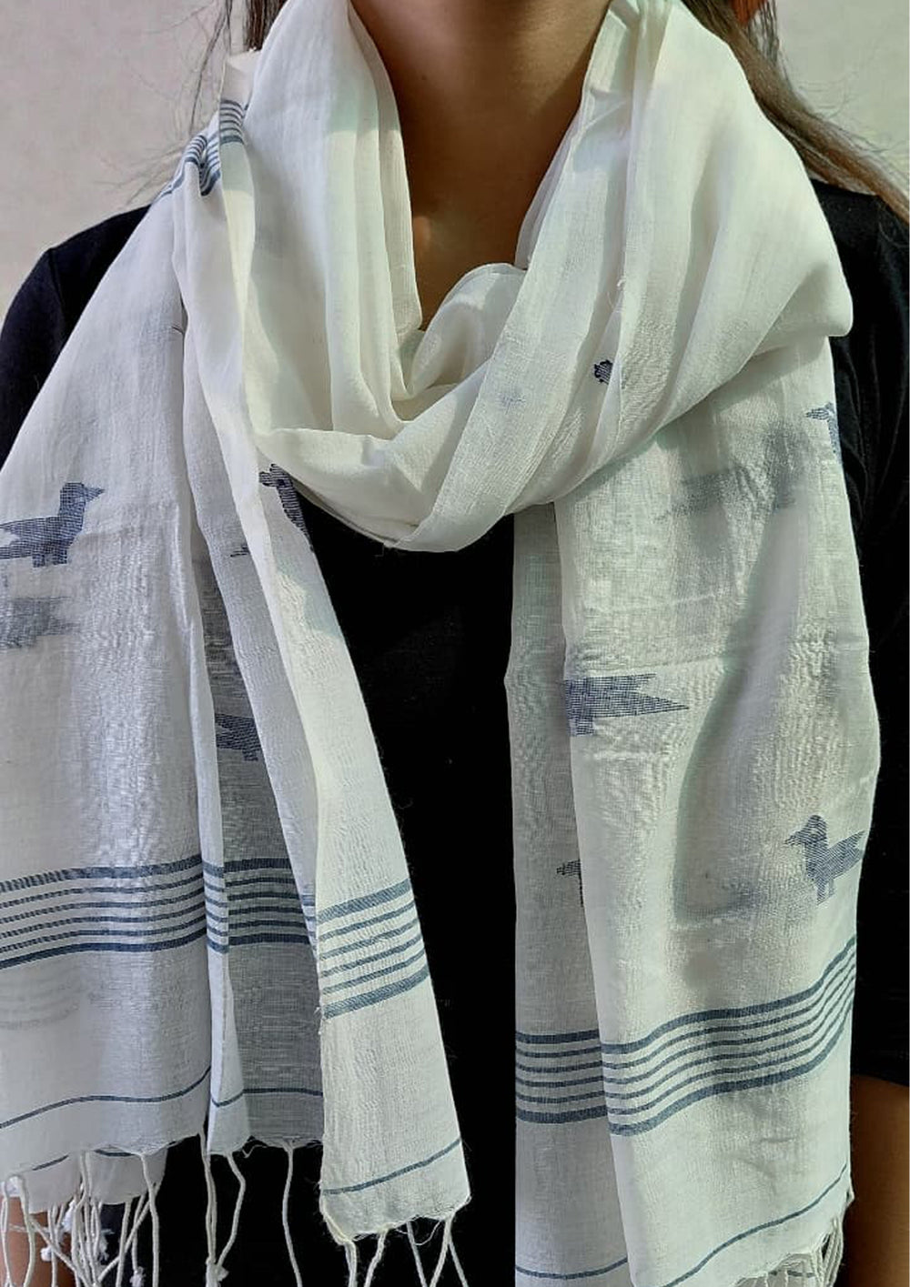 Jamdani Stole - WhiteHJ32 - Wefta