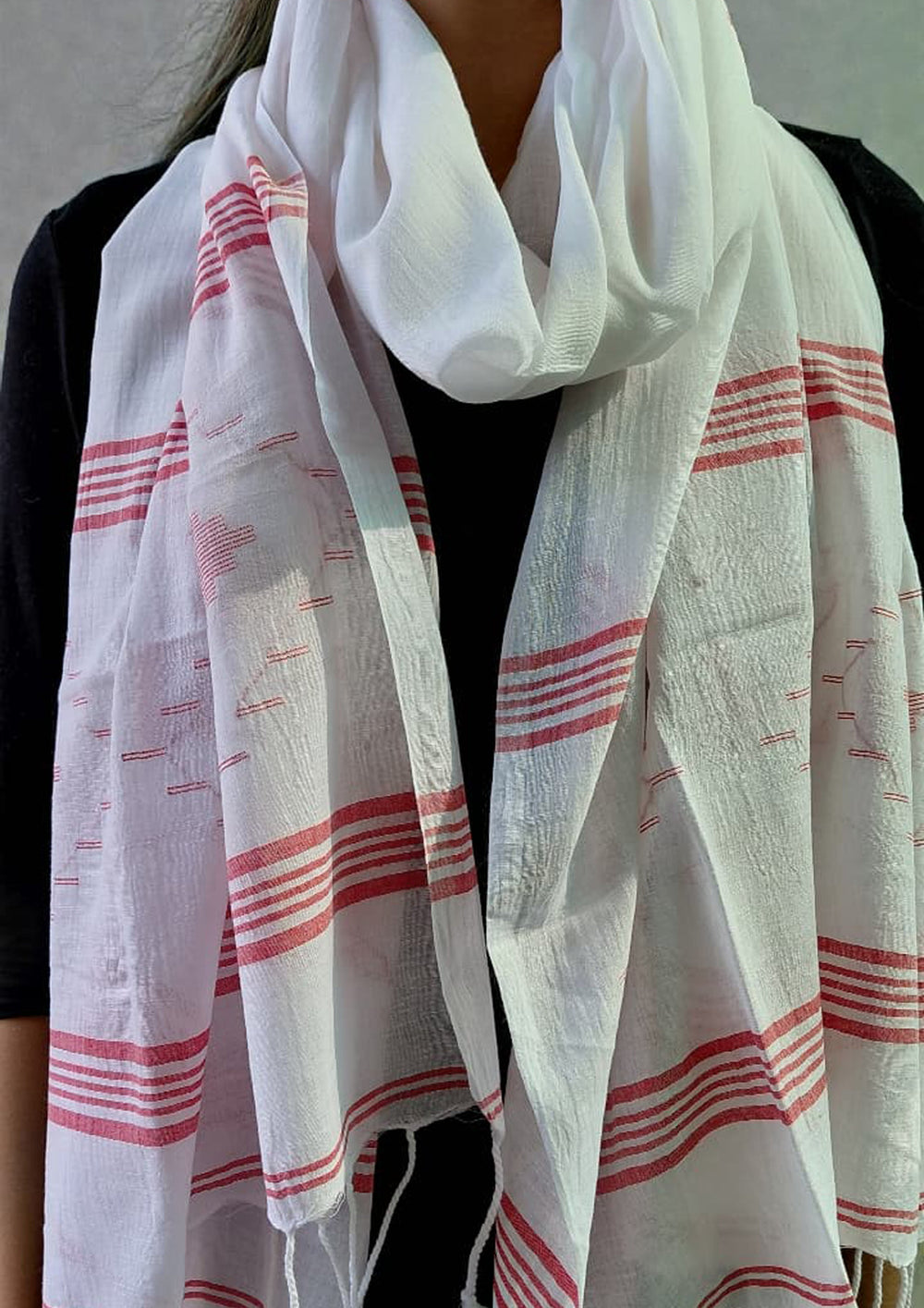 Jamdani Stole - WhiteHJ34 - Wefta