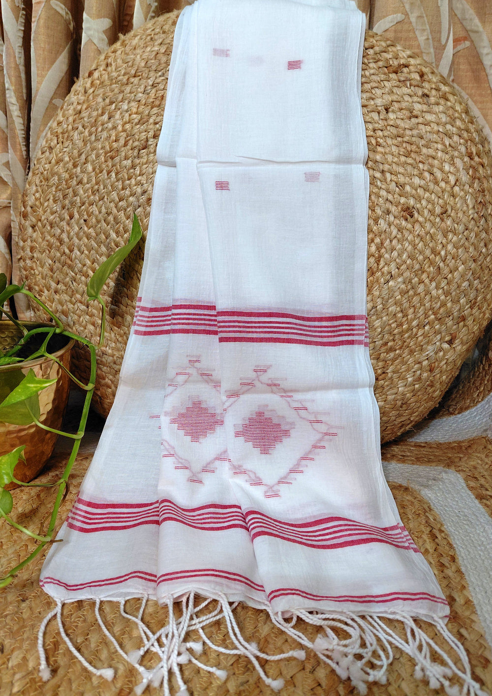 Jamdani Stole - WhiteHJ34 - Wefta