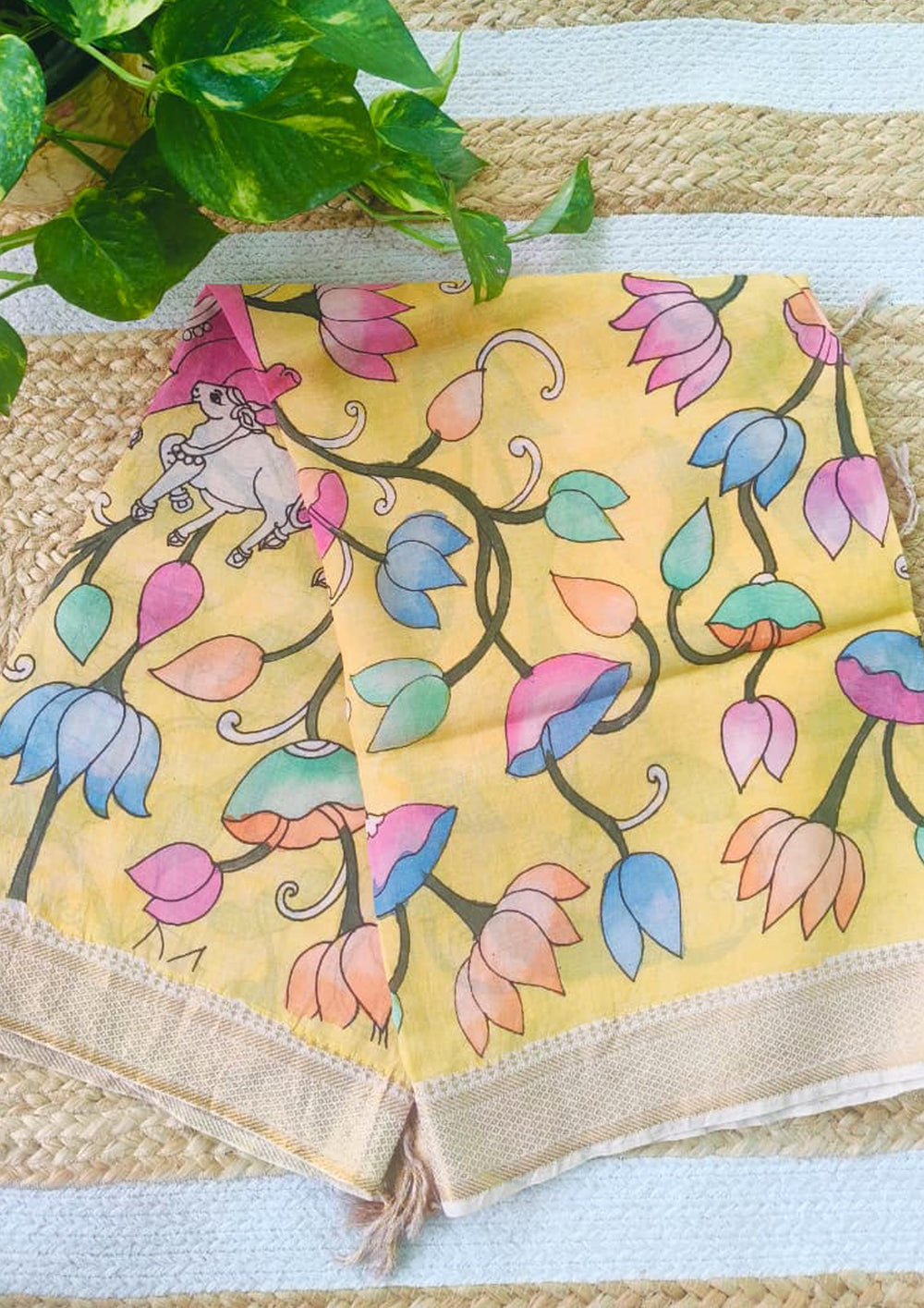 Kalamkari Dupatta - Yellow K9 - Wefta