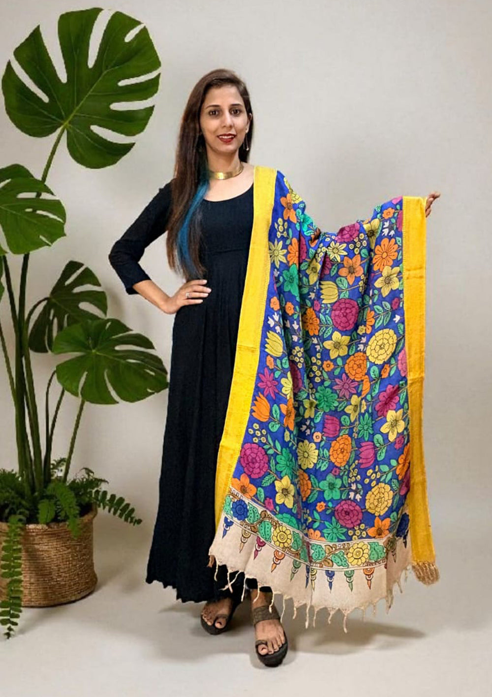 Kalamkari Handpainted Dupatta - Blue K12 - Wefta