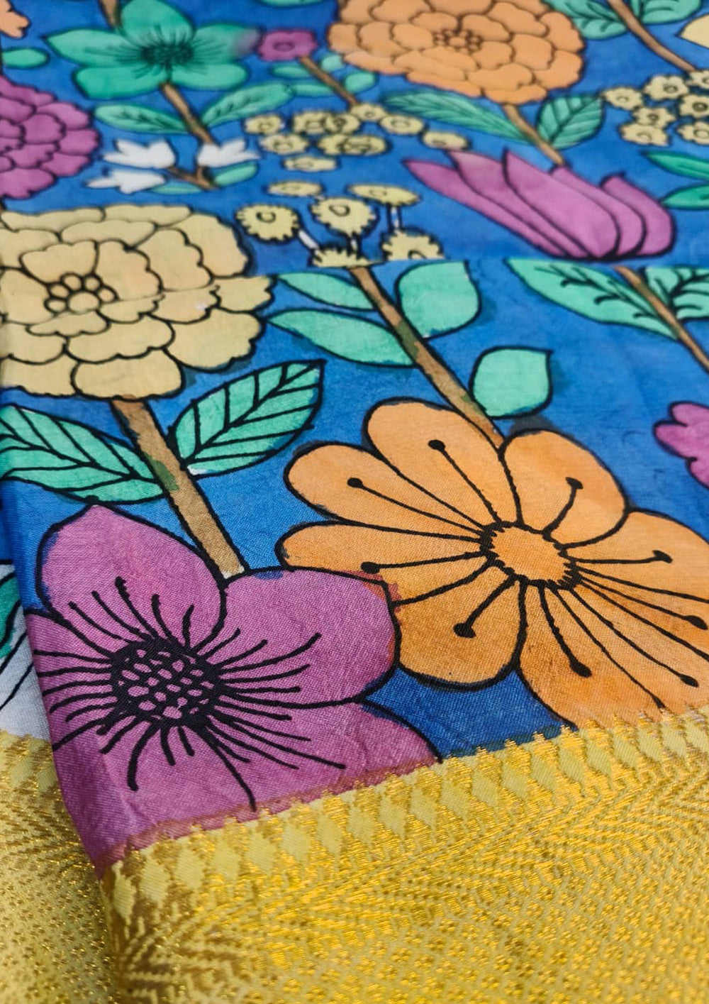 Kalamkari Handpainted Dupatta - Blue K12 - Wefta