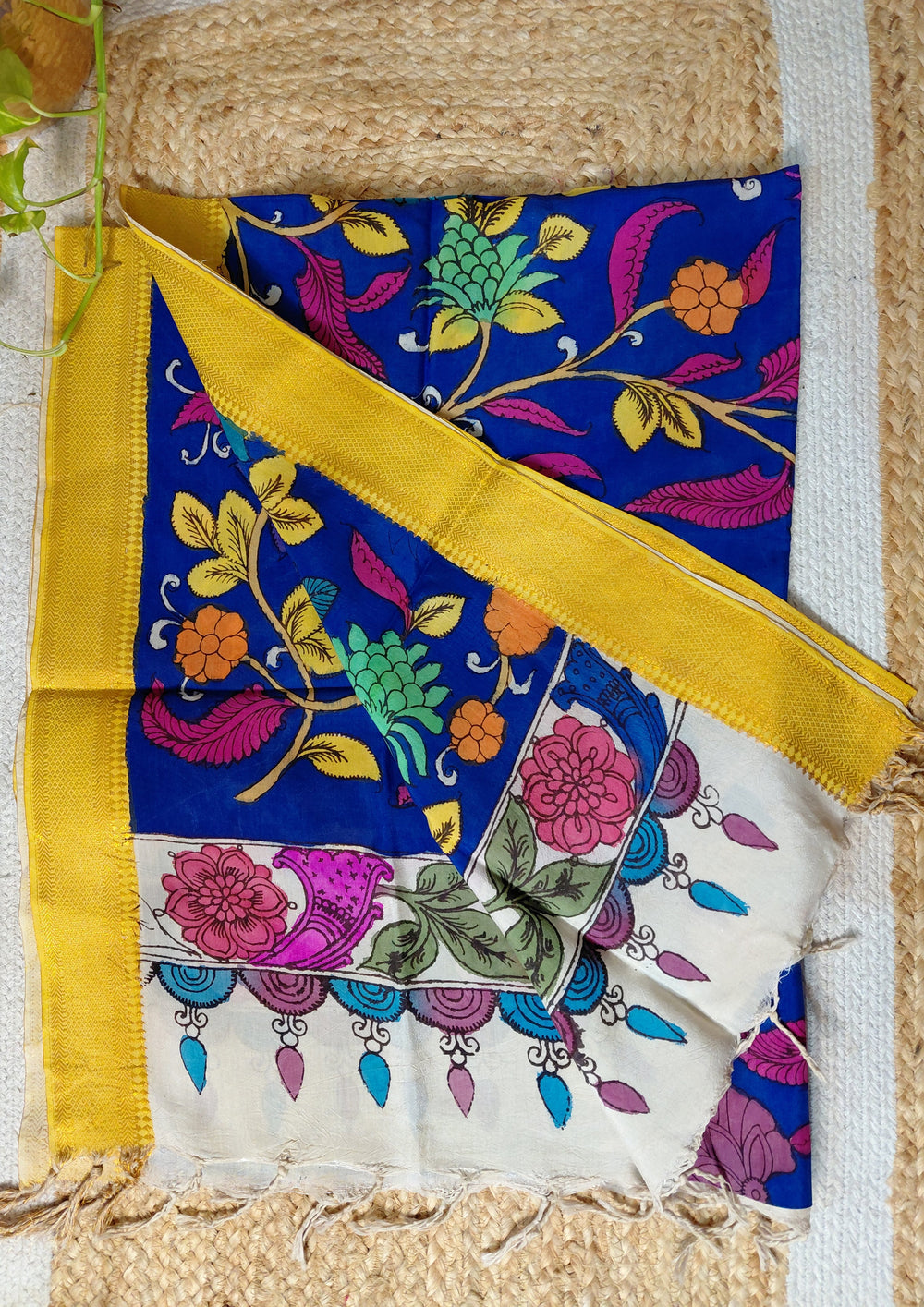 Kalamkari Handpainted Dupatta - Blue K15 - Wefta