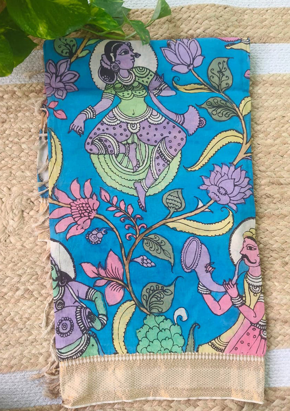 Kalamkari Handpainted Dupatta- Cobalt Blue K8 - Wefta