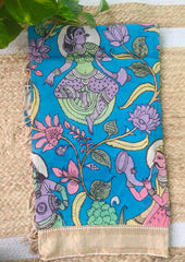 Kalamkari Handpainted Dupatta- Cobalt Blue K8 - Wefta
