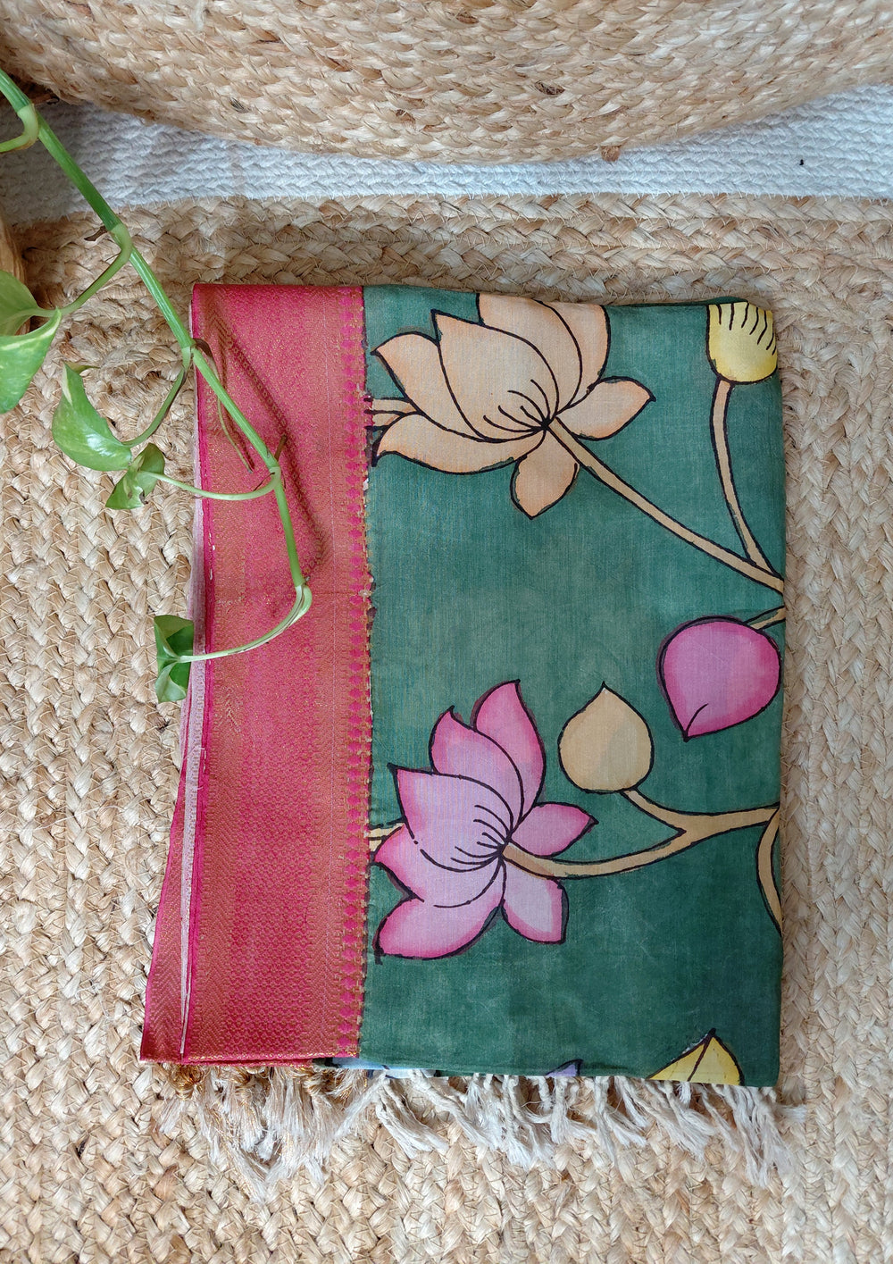 Kalamkari Handpainted Dupatta - Green K13 - Wefta