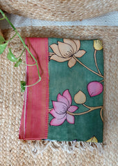 Kalamkari Handpainted Dupatta - Green K13 - Wefta