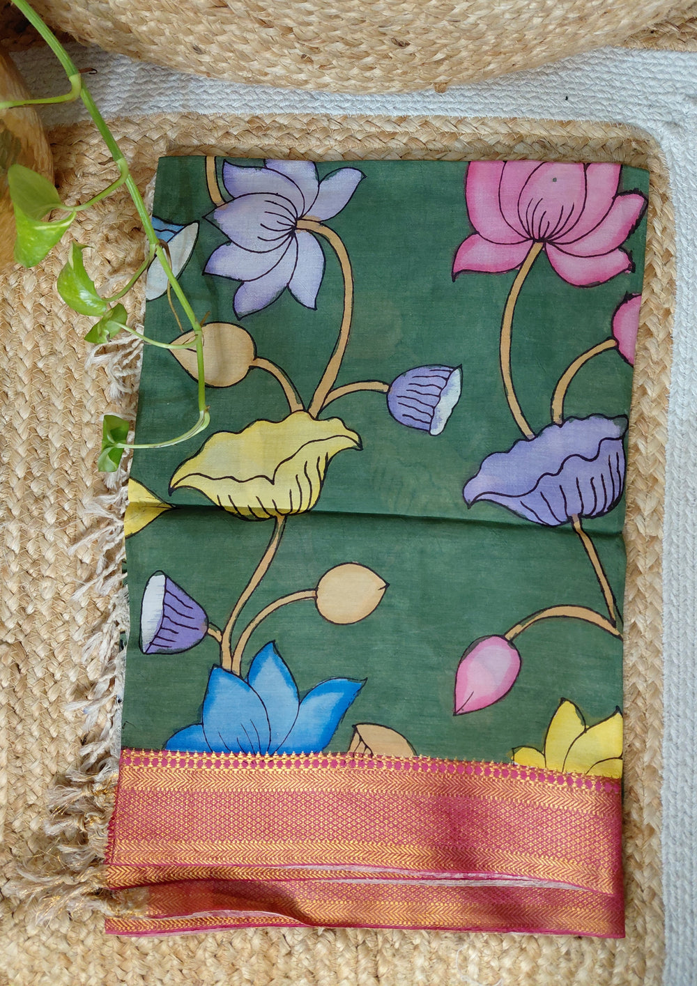 Kalamkari Handpainted Dupatta - Green K13 - Wefta