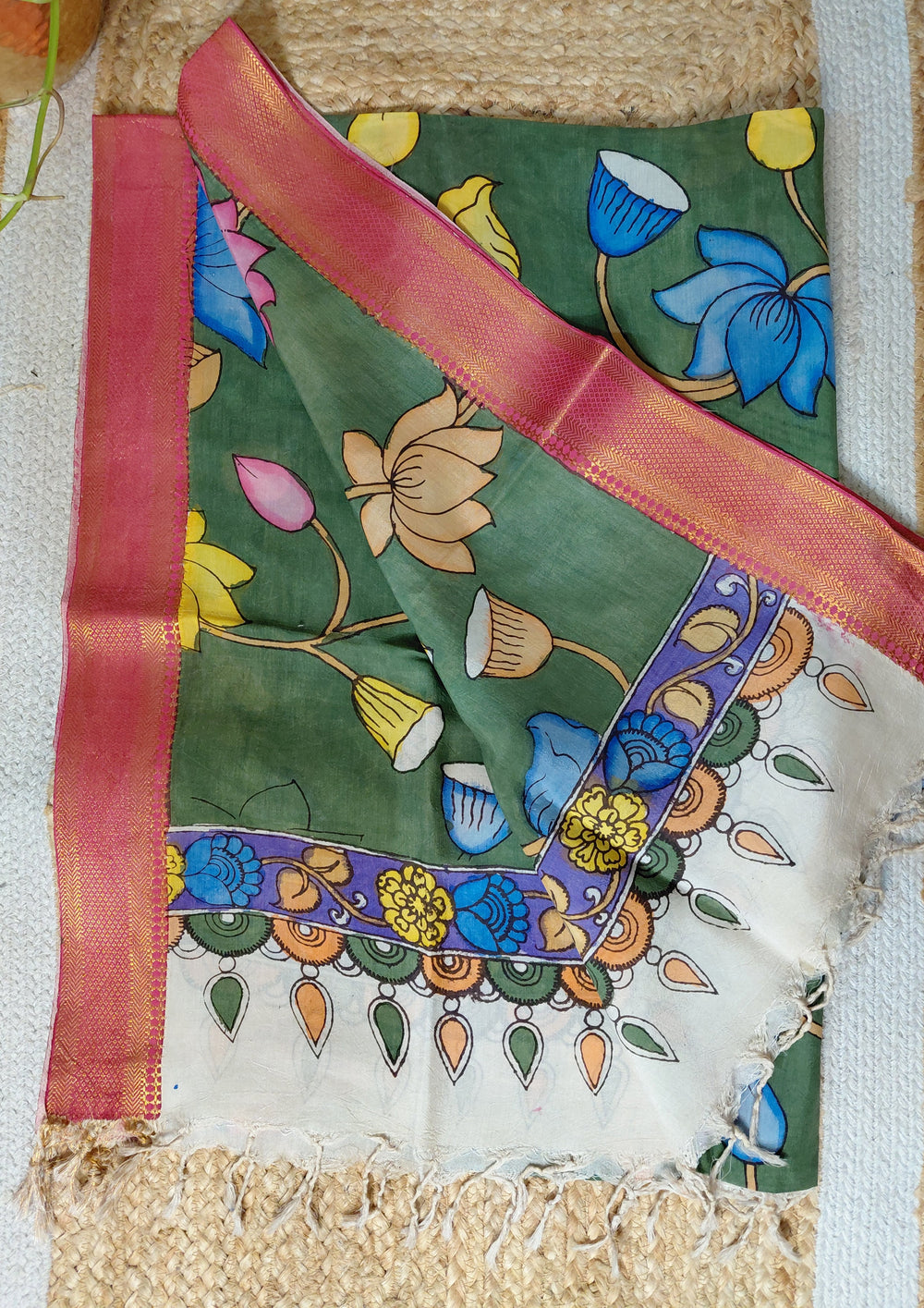 Kalamkari Handpainted Dupatta - Green K13 - Wefta