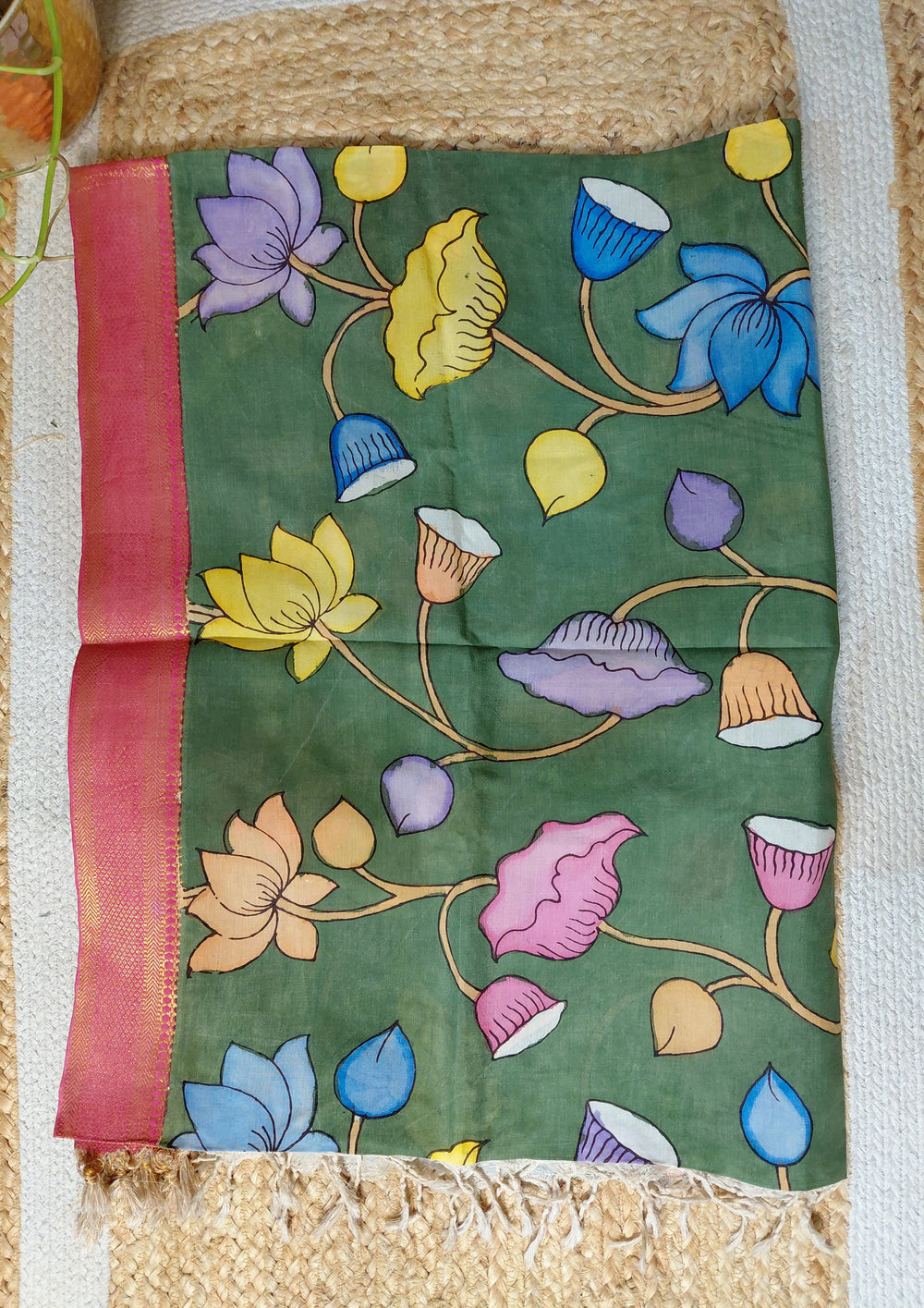 Kalamkari Handpainted Dupatta - Green K13 - Wefta