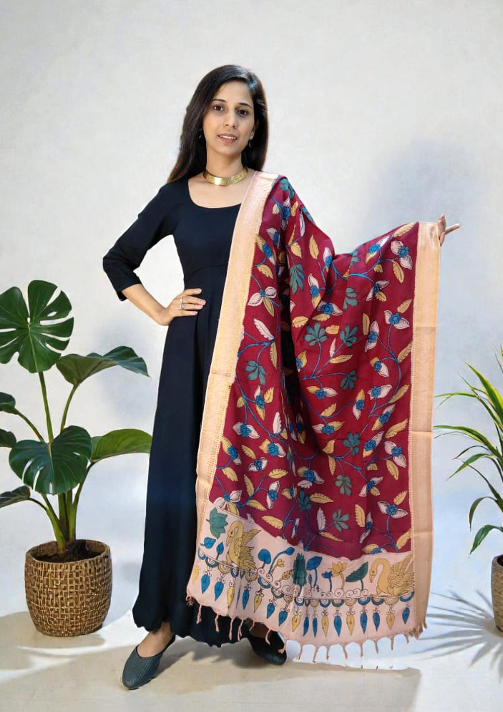 Kalamkari Handpainted Dupatta - Maroon K14 - Wefta