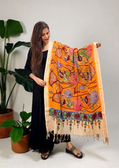 Kalamkari Handpainted Dupatta - Orange K1 - Wefta