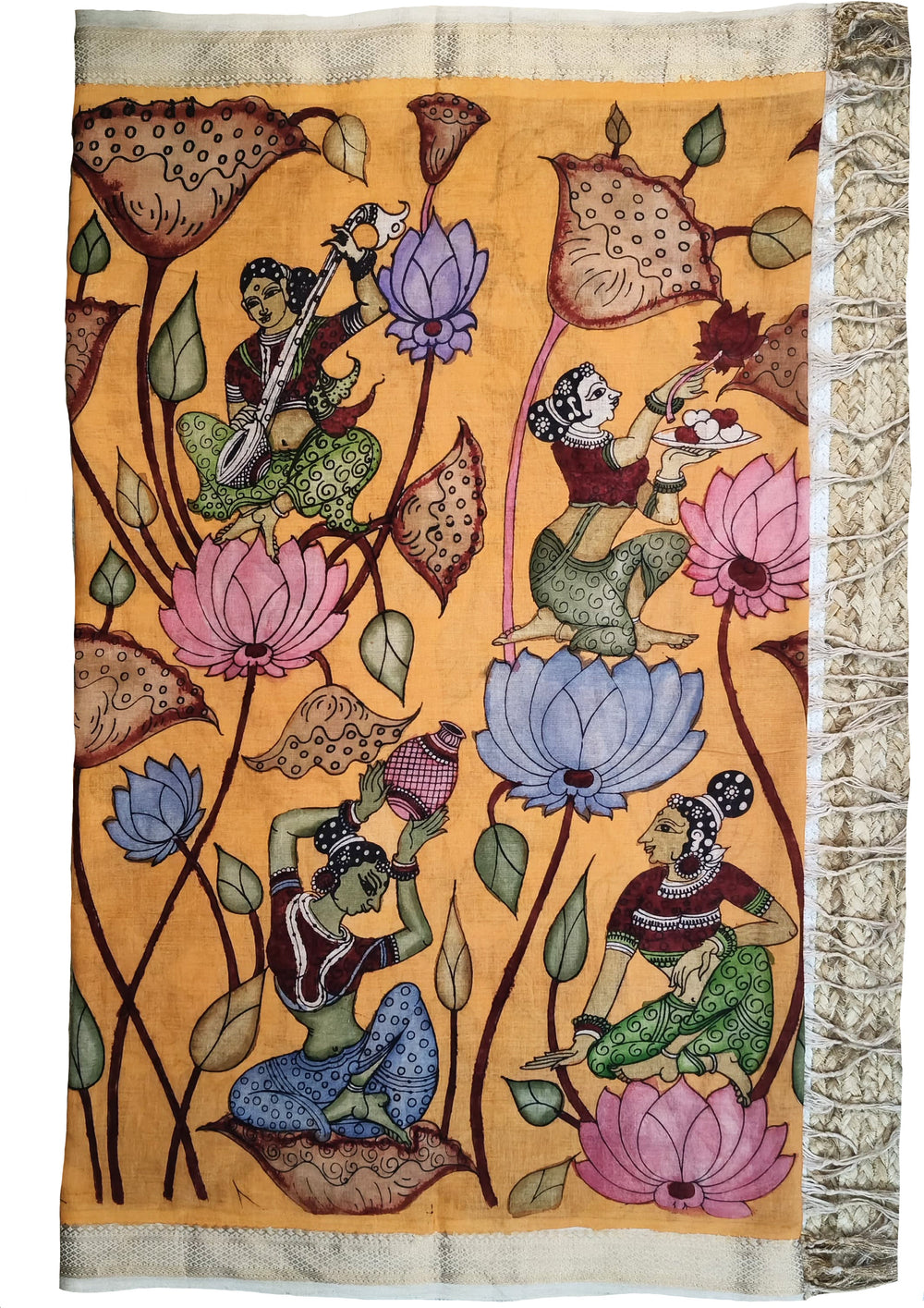 Kalamkari Handpainted Dupatta - Orange K1 - Wefta