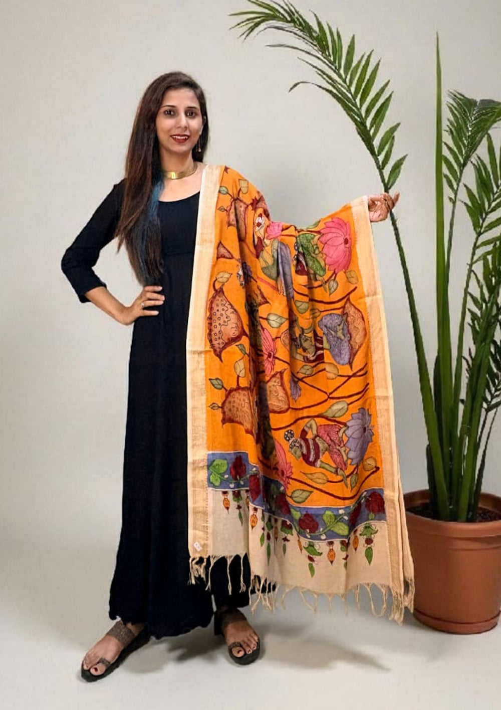 Kalamkari Handpainted Dupatta - Orange K1 - Wefta