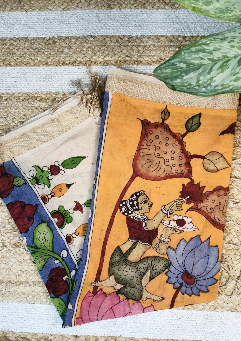 Kalamkari Handpainted Dupatta - Orange K1 - Wefta