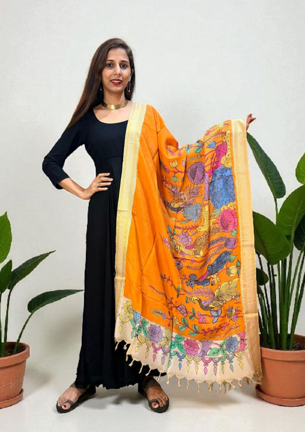 Kalamkari Handpainted Dupatta - Orange K7 - Wefta