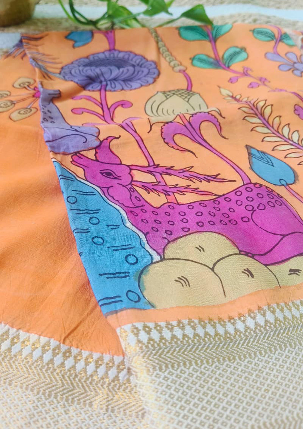 Kalamkari Handpainted Dupatta - Orange K7 - Wefta