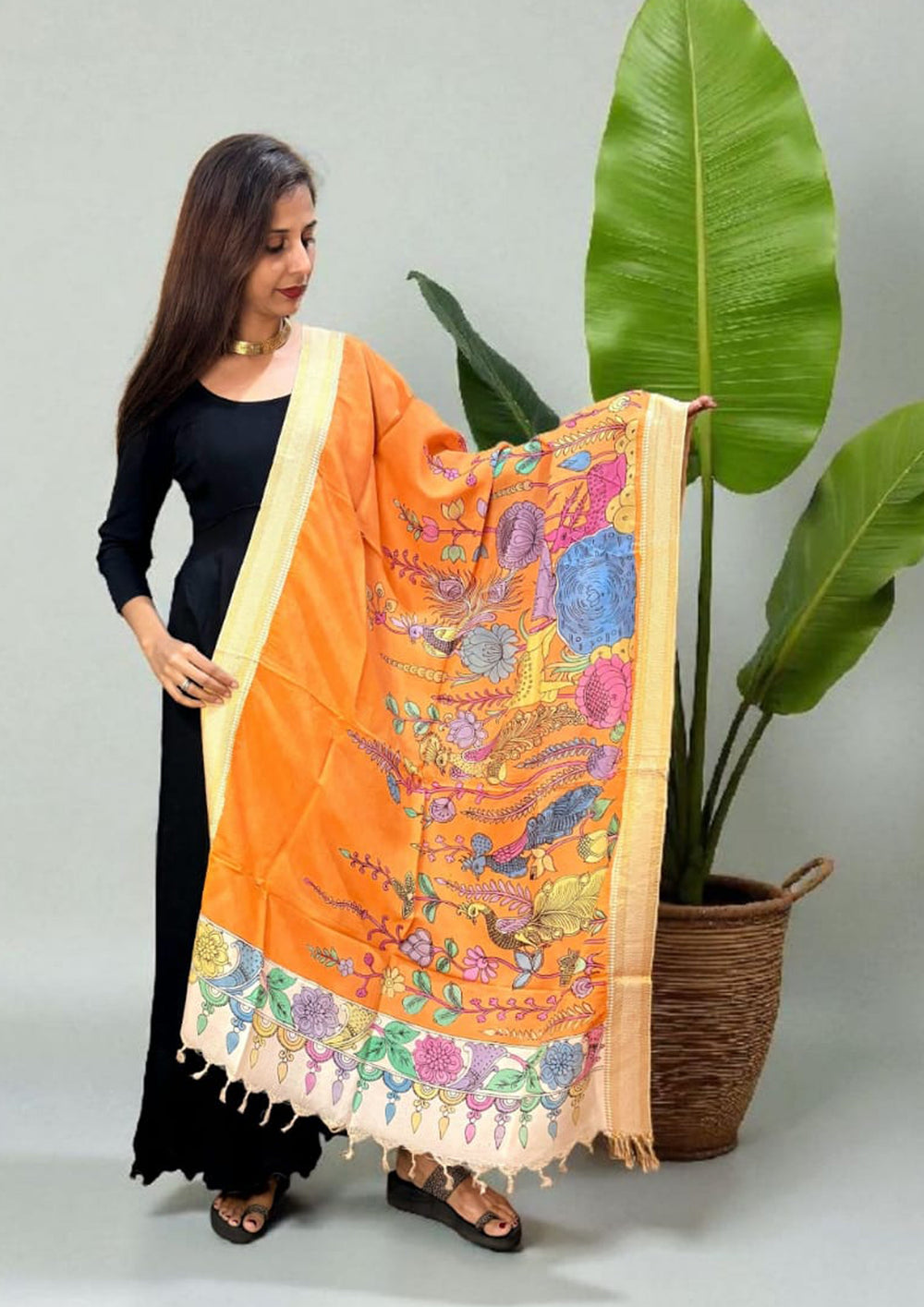 Kalamkari Handpainted Dupatta - Orange K7 - Wefta