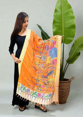 Kalamkari Handpainted Dupatta - Orange K7 - Wefta
