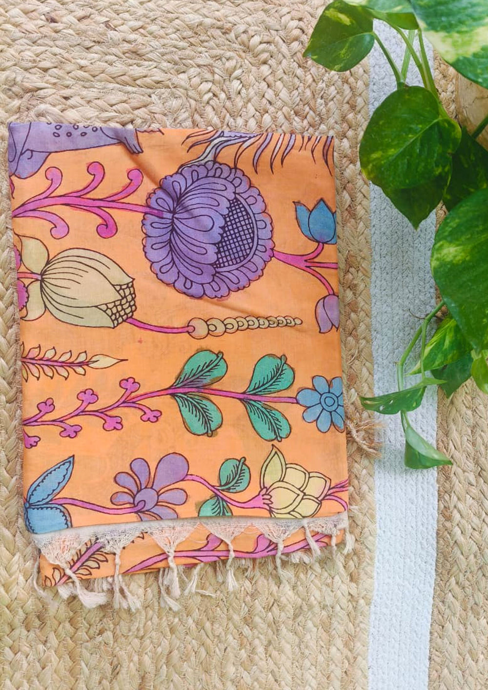 Kalamkari Handpainted Dupatta - Orange K7 - Wefta