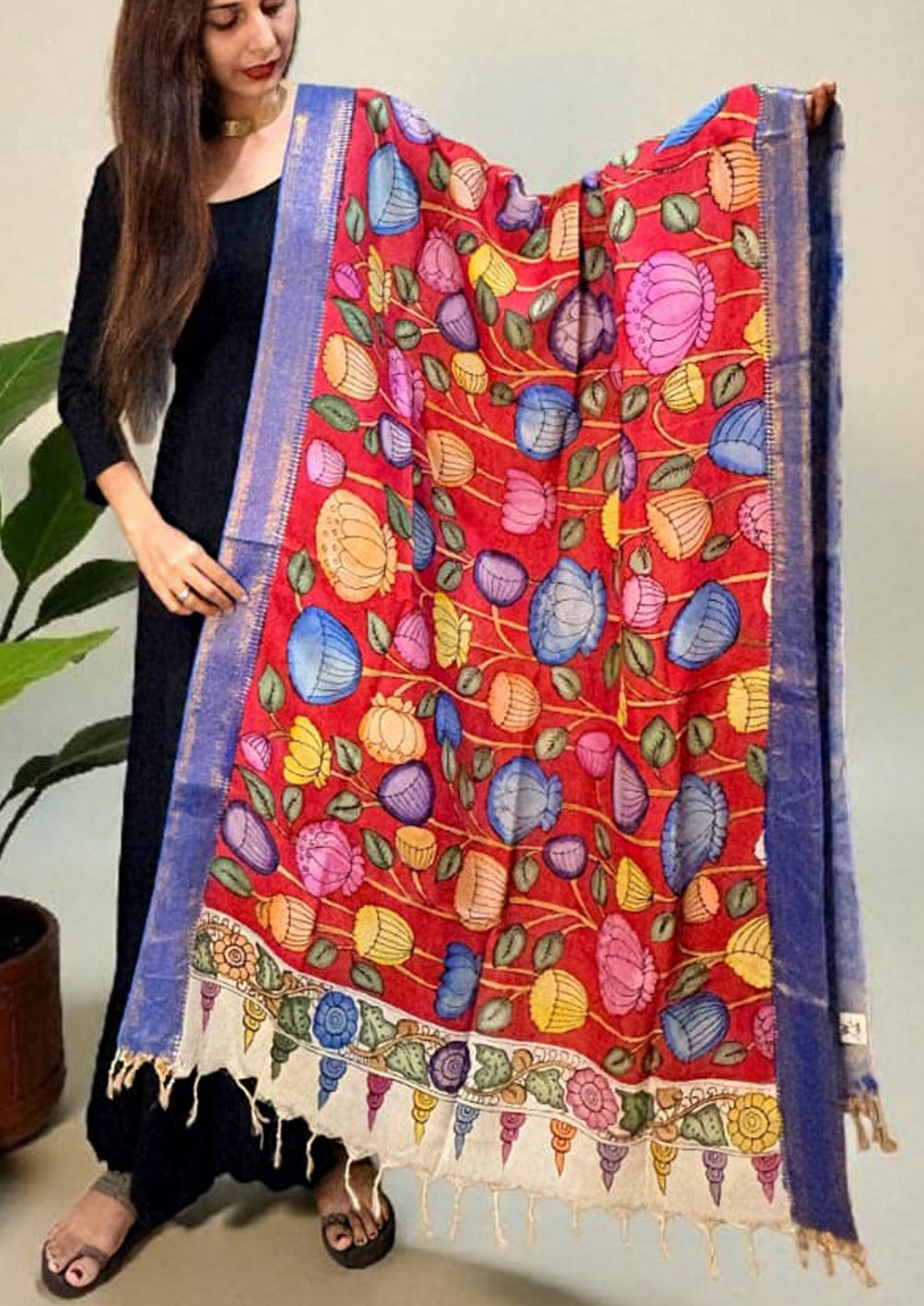Kalamkari Handpainted Dupatta - Red K11 - Wefta