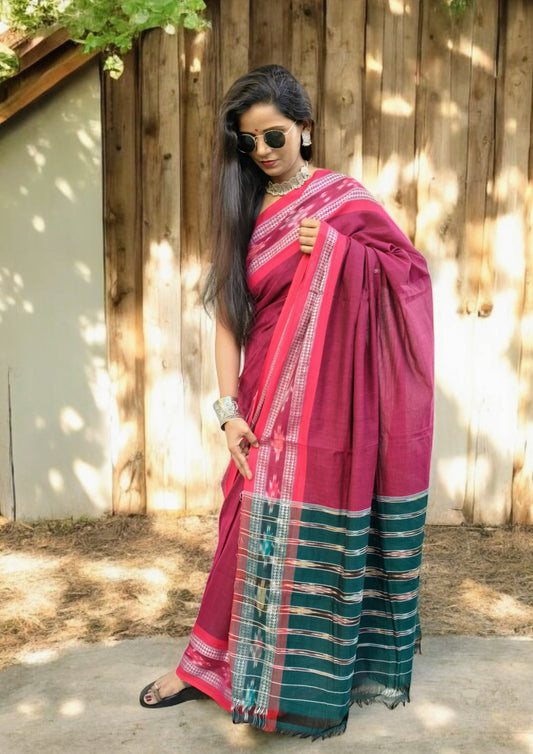Khadi Ikat Cotton Saree- Magenta2