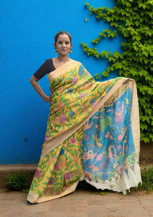 Handpainted Kalamkari Saree Cotton- Blue & Yellow KS1