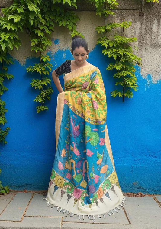 Handpainted Kalamkari Saree Cotton- Blue & Yellow KS1