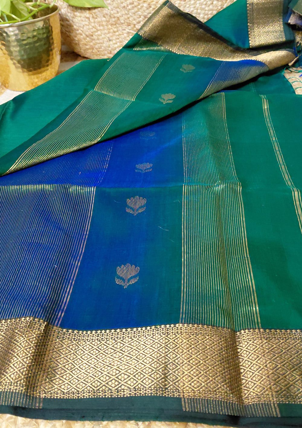 Maheshwari silk saree - Blue Green M10 - Wefta