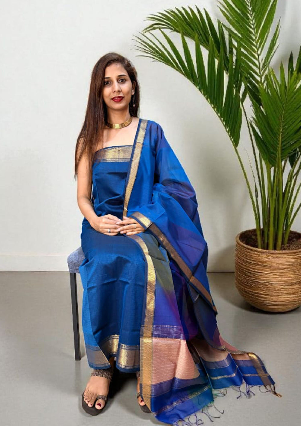 Maheshwari Silk Suit Set - Blue M17 - Wefta