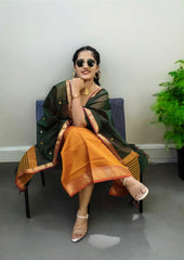 Maheshwari Silk Suit Set - Buti Mustard Yellow - Wefta