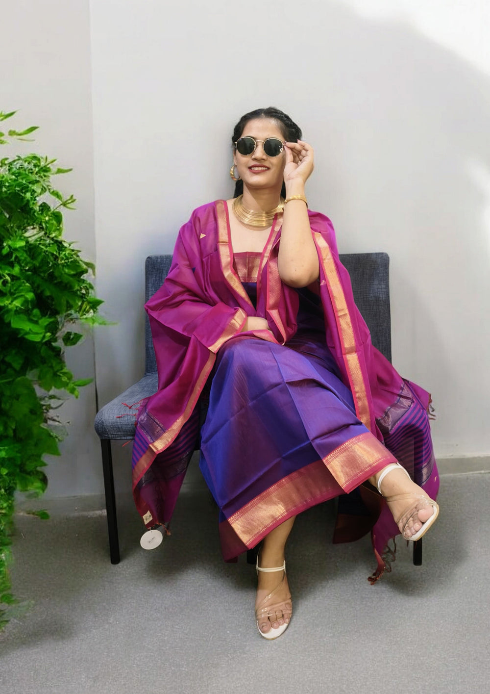 Maheshwari Silk Suit Set - Buti Purple - Wefta