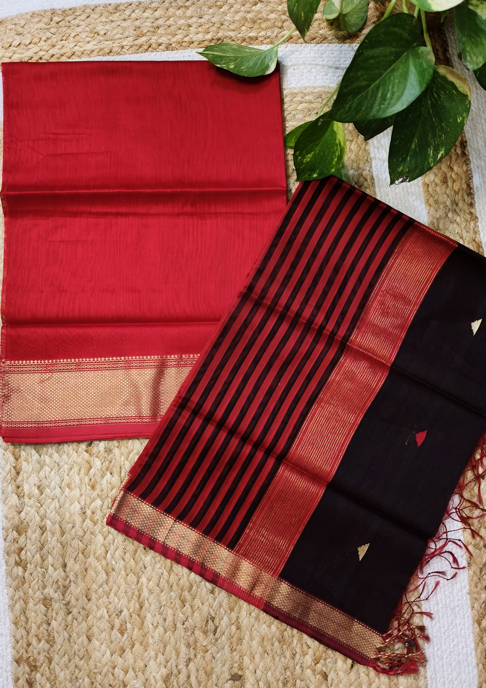 Maheshwari Silk Suit Set - Buti Red - Wefta