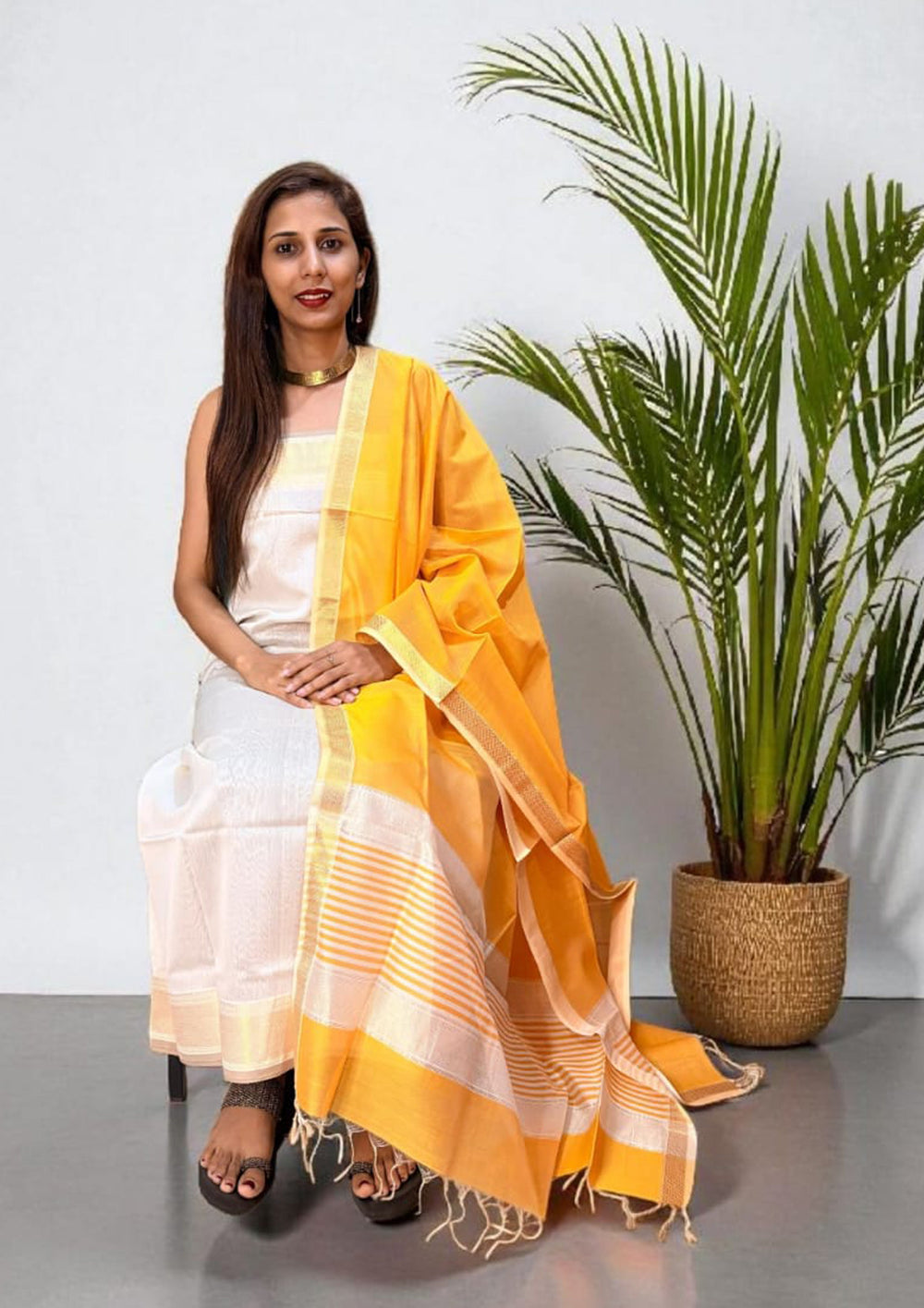 Maheshwari Silk Suit Set - Han Yellow - Wefta