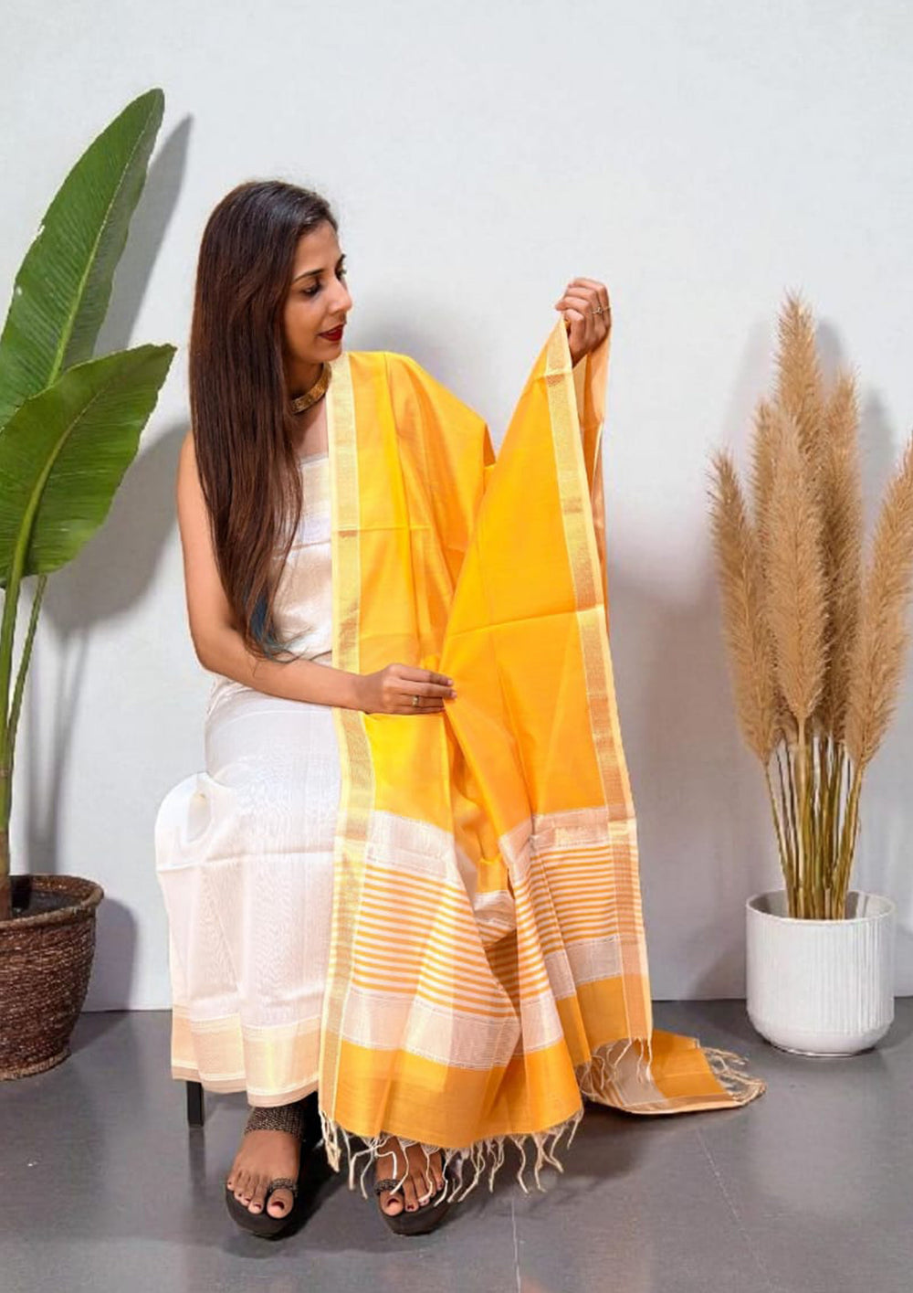 Maheshwari Silk Suit Set - Han Yellow - Wefta