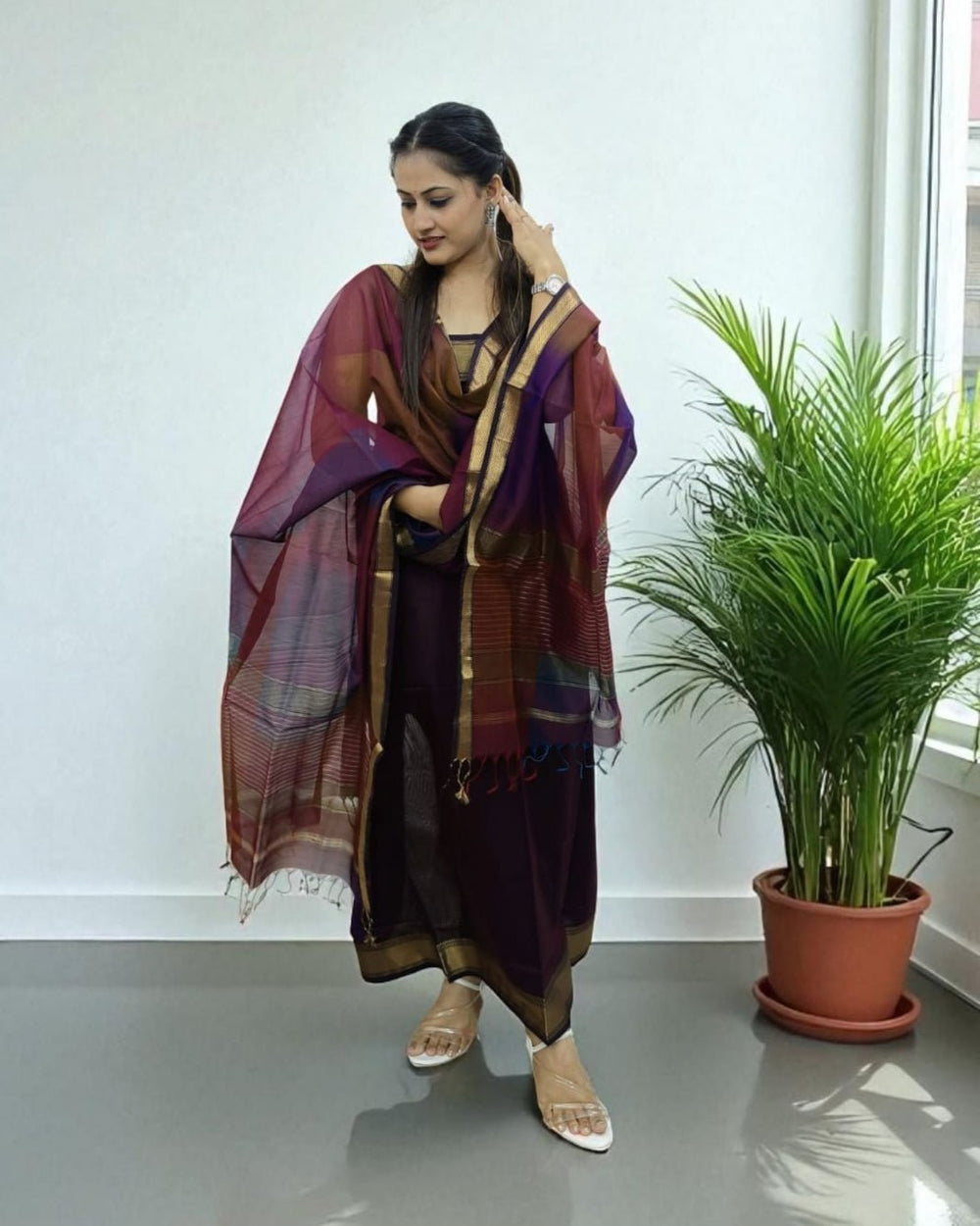Maheshwari Silk Suit Set - Jamuni (dhup - chav) - Wefta