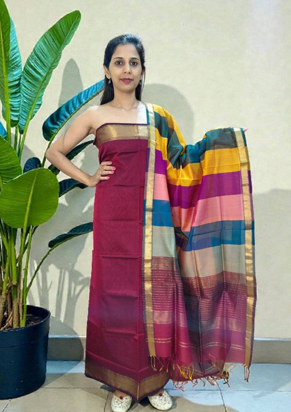 Maheshwari Silk Suit Set - Maroon M23 - Wefta