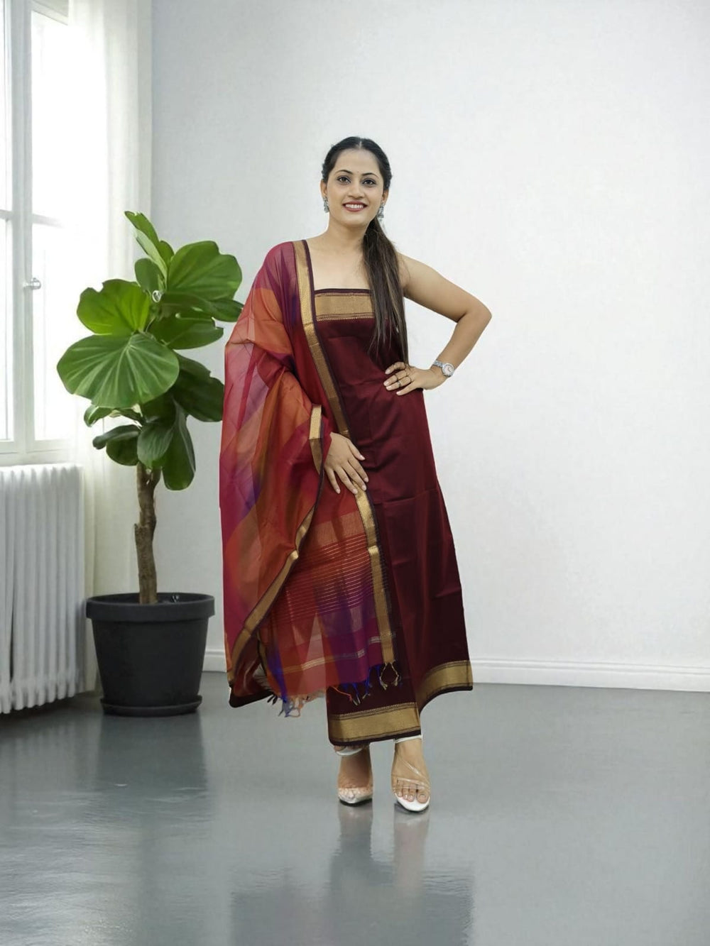 Maheshwari Silk Suit Set - Mrn1 - Wefta