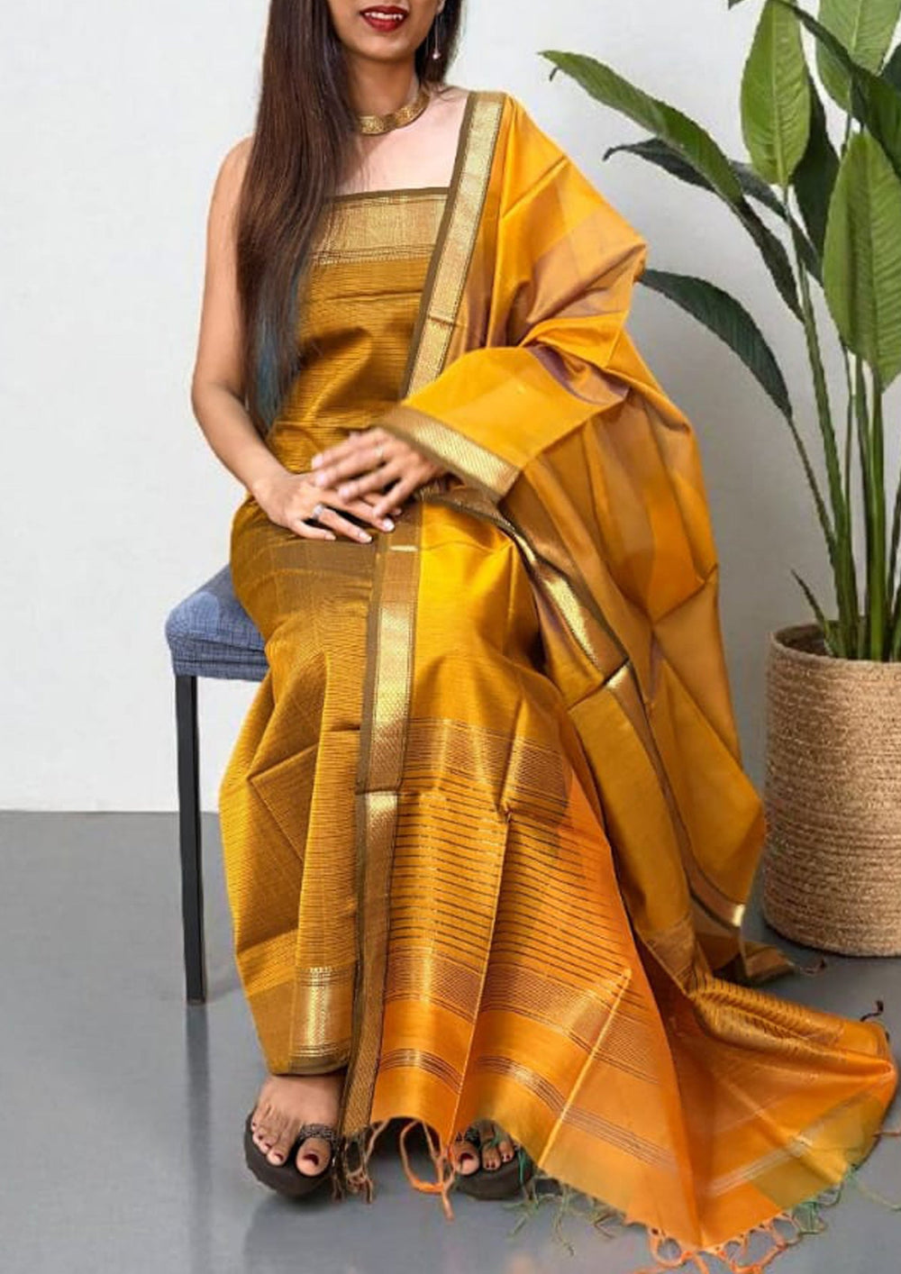 Maheshwari Silk Suit Set - Mustard Yellow M16 - Wefta