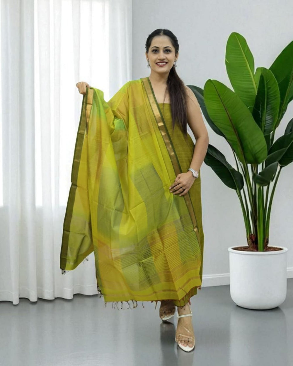 Maheshwari Silk Suit Set - Olive1 - Wefta