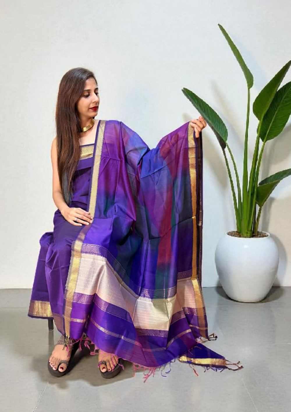 Maheshwari Silk Suit Set - Purple M18 - Wefta