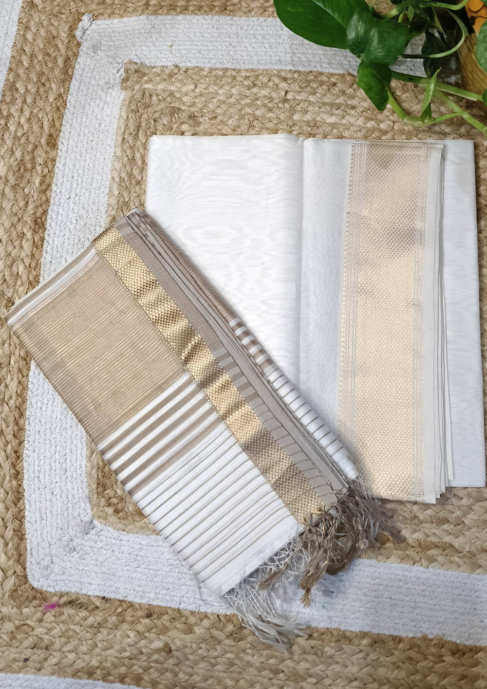 Maheshwari Silk Suit Set- White & Gold (Buti) - Wefta
