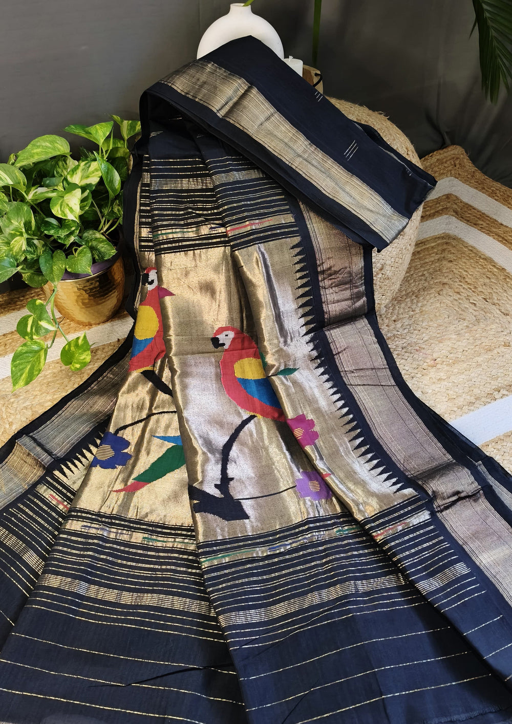 Paithani Cotton Saree- Black - Wefta