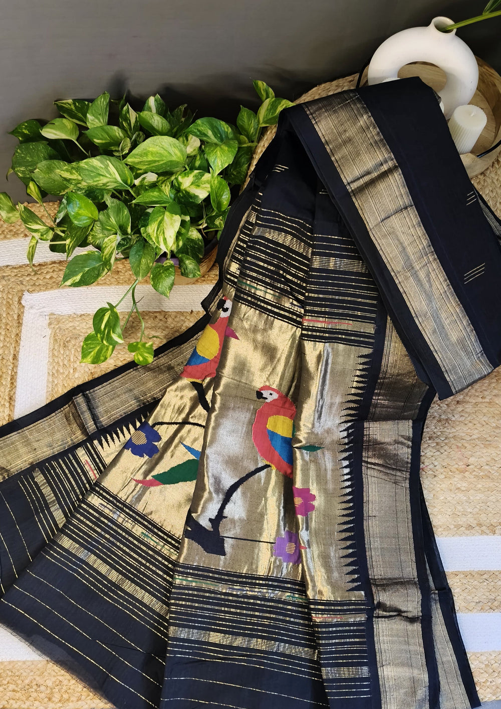 Paithani Cotton Saree- Black - Wefta