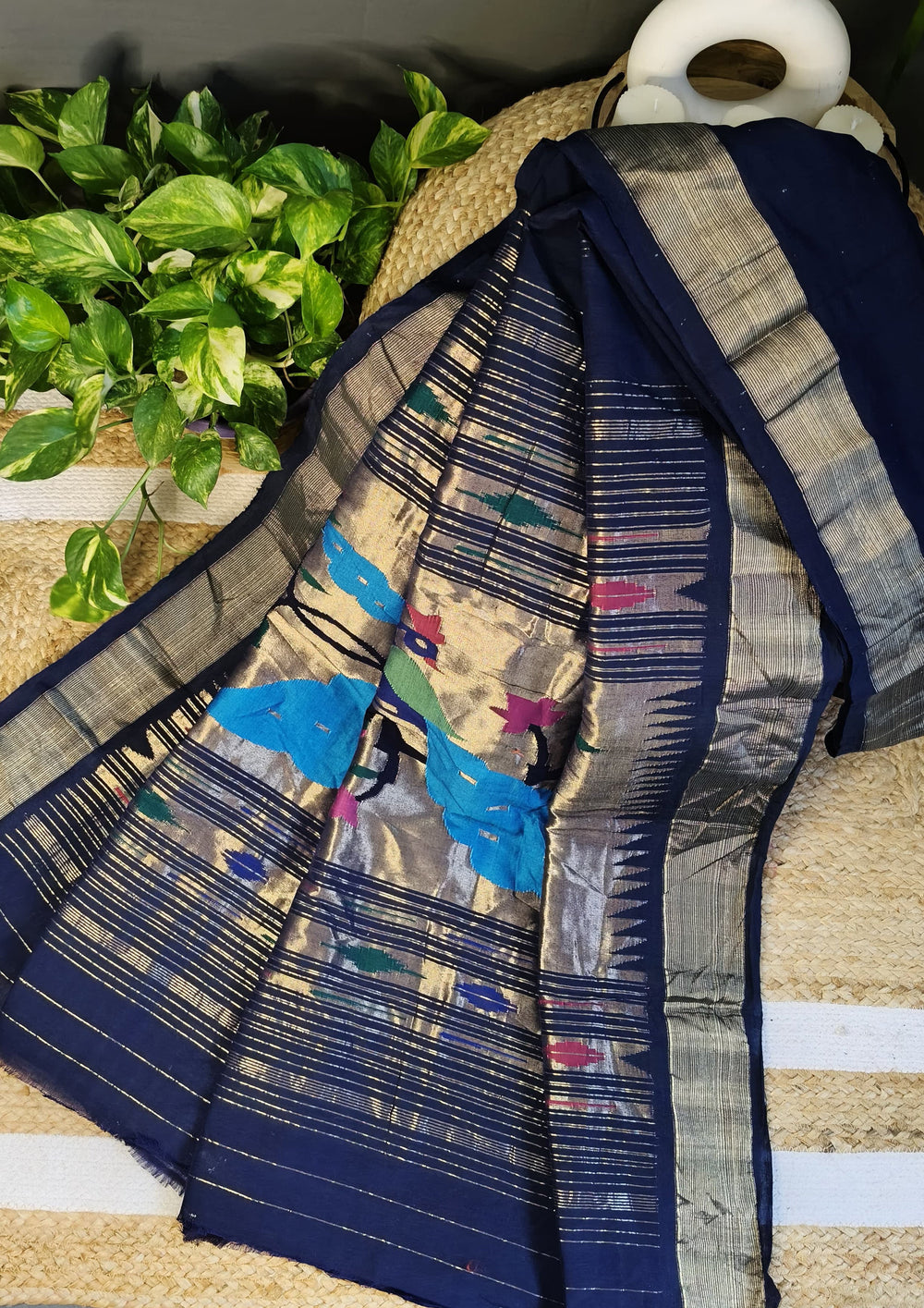 Paithani Cotton Saree - Navy Blue - Wefta