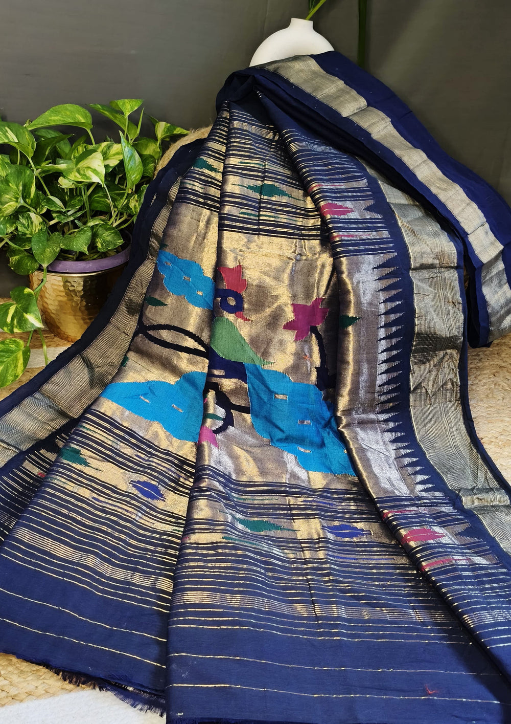 Paithani Cotton Saree - Navy Blue - Wefta