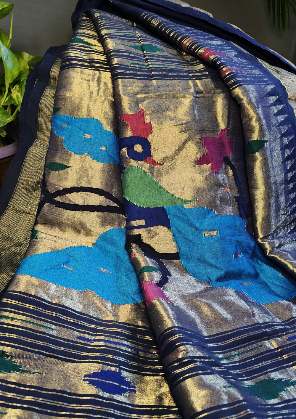 Paithani Cotton Saree - Navy Blue - Wefta