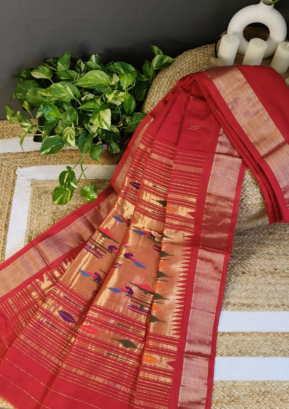 Paithani Cotton Saree- Red - Wefta