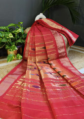 Paithani Cotton Saree- Red - Wefta