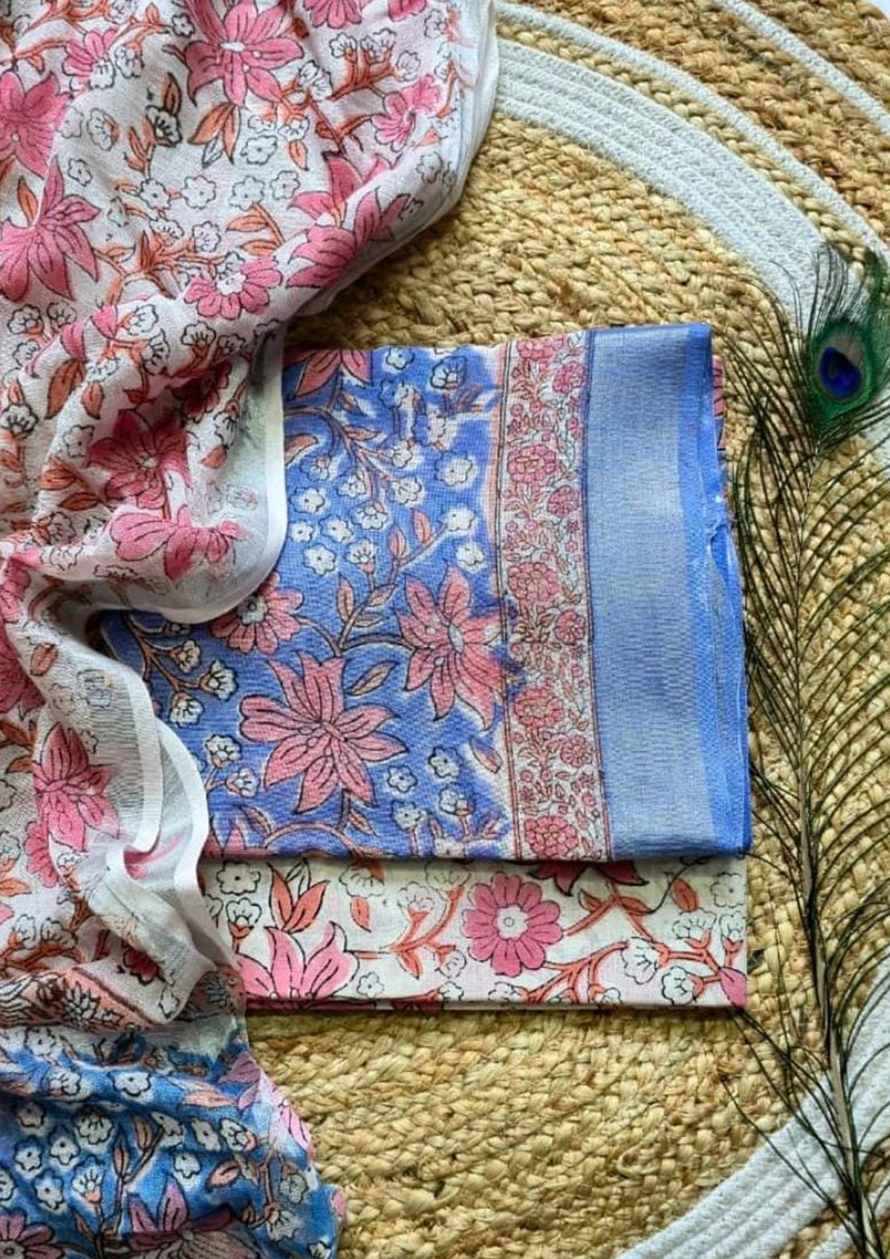 Printed Linen Suit Set- Blue Pink PL07 - Wefta